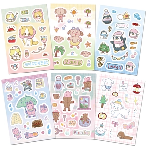 Flat lay of 6 sheets waterproof hand-drawn animal stickers with cute themes