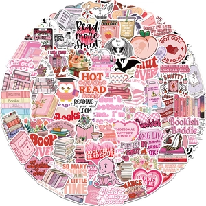 Flat lay of bookish reading stickers set featuring colorful floral and library themes