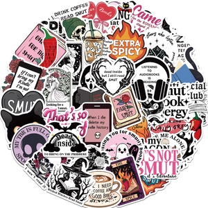 Close-up of Smut Bookish stickers set with Kindle, skull and coffee designs on white background