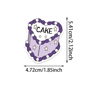 Detailed dimension view of a purple heart cake sticker showing height and width in cm and inch
