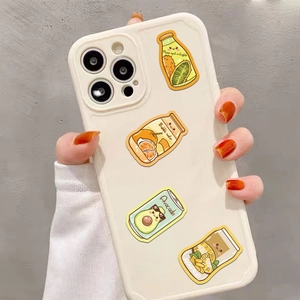 White iPhone case featuring cute hand-drawn summer fruit and drink stickers for girls