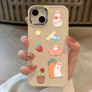 Cute rabbit and food pattern phone case for iPhone in soft cream color held in hand