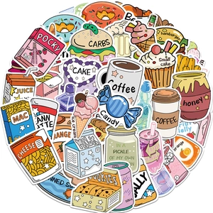Detailed view of colorful snack stickers including cartoon milk, coffee and donut designs