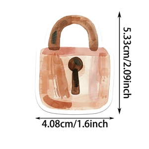 Detail view of a watercolor padlock sticker with dimensions of 5.33 cm in height and 4.08 cm