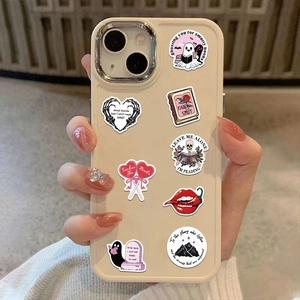 Detail showing waterproof PVC bookish stickers on a phone case with booktok style art