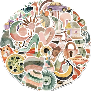 Detailed collage of Boho style waterproof PVC stickers with watercolor animal and nature art