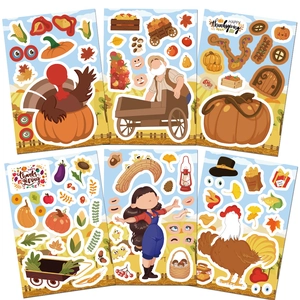 6-sheet Thanksgiving DIY stickers set with turkey pumpkin and maple leaf patterns