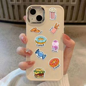 Detail of cream iPhone case with cute cartoon snack stickers held in hand