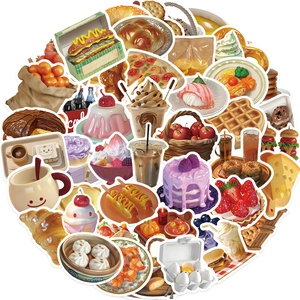 Macro shot of waterproof 3D food stickers featuring realistic cakes and snacks