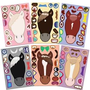 DIY cartoon horse face stickers set with colorful expressions and accessories for kids