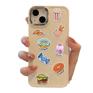 Beige iPhone case featuring cute cartoon food stickers including popcorn and donuts