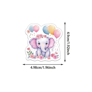Dimensions détaillées d'un autocollant éléphant avec couronne rose et ballons colorés