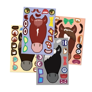 Detail showing 4 sheets of waterproof DIY horse face stickers with various facial accessories
