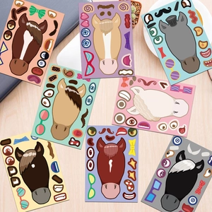 DIY cartoon pony and sheep facial expression sticker sheets on a wooden desk background