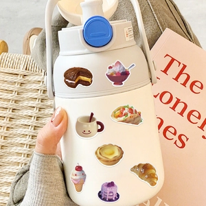 50pcs waterproof 3D food stickers on a white water bottle featuring cake and snacks