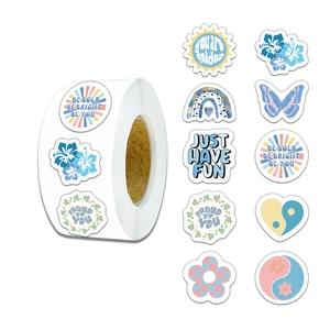 Roll of 500 INS style waterproof stickers with blue heart and rainbow patterns for gifts