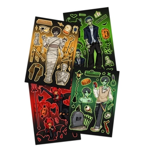 Detail of four Halloween collage stickers featuring mummies and monsters for DIY journals