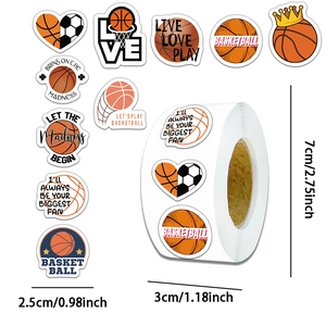 Detail showing dimensions of 0.98 inch basketball stickers with varied sport patterns