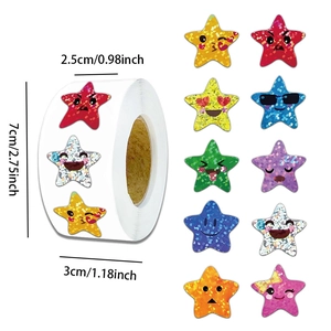 Roll of 500 glittery star expression stickers with colorful holographic finish