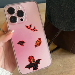 Close-up of pink gradient iPhone case featuring cartoon Halloween devil girl illustration