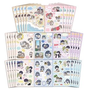 Detail of waterproof cartoon stickers set featuring cute characters in macaron colors