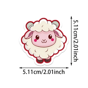 Close-up of a cartoon sheep sticker showing dimensions 5.11cm by 2.01inch on white background