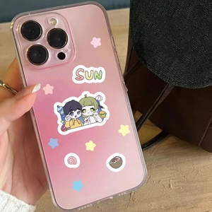 Close-up of pink gradient phone case decorated with cute SUN and cartoon stickers