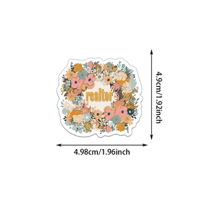 Detailed view of floral realtor sticker showing 4.9cm by 4.98cm product dimensions