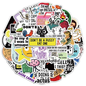 Bulk set of 50 sarcastic quote stickers with cartoon icons for laptops and water bottles