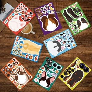DIY dog face stickers set featuring 8 different breeds on a wooden desktop background