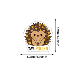 Detailed size view of a cartoon hedgehog sticker with Yay Pollen text for laptop decor
