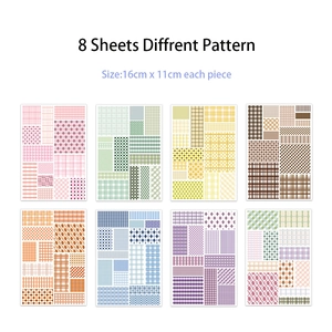 Detailed grid showing 8 colorful plaid memo stickers in various patterns, each 16cm x 11cm