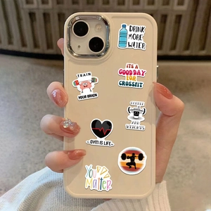 Coque smartphone en silicone beige avec autocollants de fitness et protection caméra