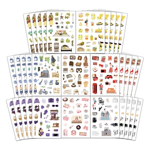 Detailed fan-shaped layout of aesthetic lifestyle stickers for scrapbooking and decoration