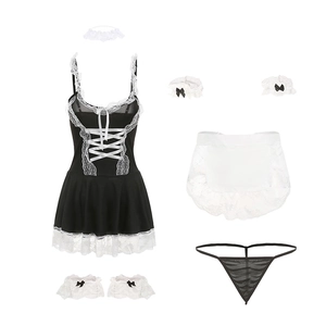 Eight-piece sexy maid uniform costume with black lace bodysuit and white frill apron