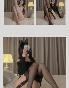 Lace thigh-high stockings and cat ear headband set in a soft bedroom setting