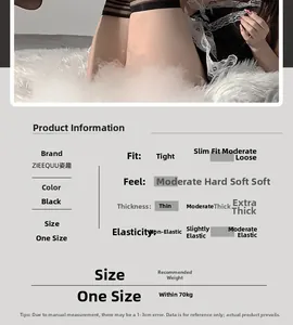 Size chart for black striped thigh high stockings showing dimensions and fit details