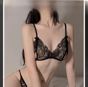 Detailaufnahme von schwarzem Dessous-Set aus Spitze mit Stickerei und Schleifendetails