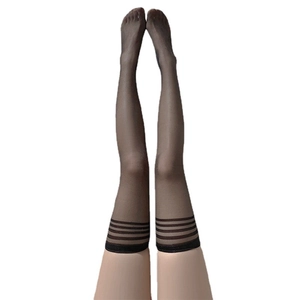 Sheer striped thigh high stockings in dark coffee brown with elastic top band detail