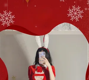 Detail of red velvet bunny Christmas lingerie set with white fur trim and bow tie