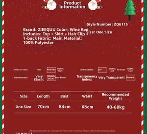 Detailed size chart for Christmas bunny girl outfit showing measurements and fabric specs