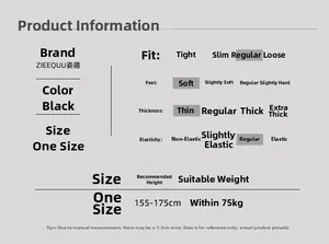Detailed size chart for black thigh high socks with measurements and fabric features