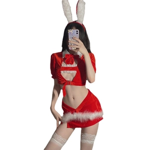 Sexy red velvet Christmas bunny girl costume set with white faux fur trim and bunny ears