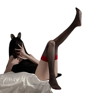 Sexy black sheer thigh high stockings with red wide band and bunny ear headband set