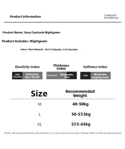 Detailed size chart and material guide for the sexy sling backless nightdress