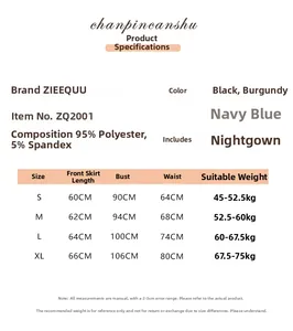 Detailed size chart for backless satin nightgown showing measurements for S to XL sizes