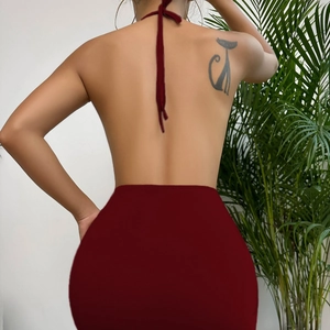Elegant red backless halter top and bodycon skirt set for a stylish slim fit look