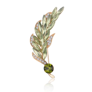 Elegant Zinc Alloy Wheat Ear Brooch with Green Rhinestone Botanical Corsage for Women Wedding Party Dress Pin Jewelry