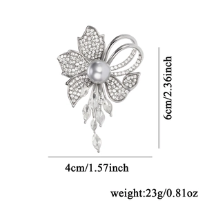 Elegant silver flower brooch with crystal petals and grey pearl centerpiece for women
