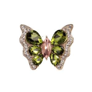 Broche papillon dorée élégante avec gemmes vert olive et strass brillants pour femme